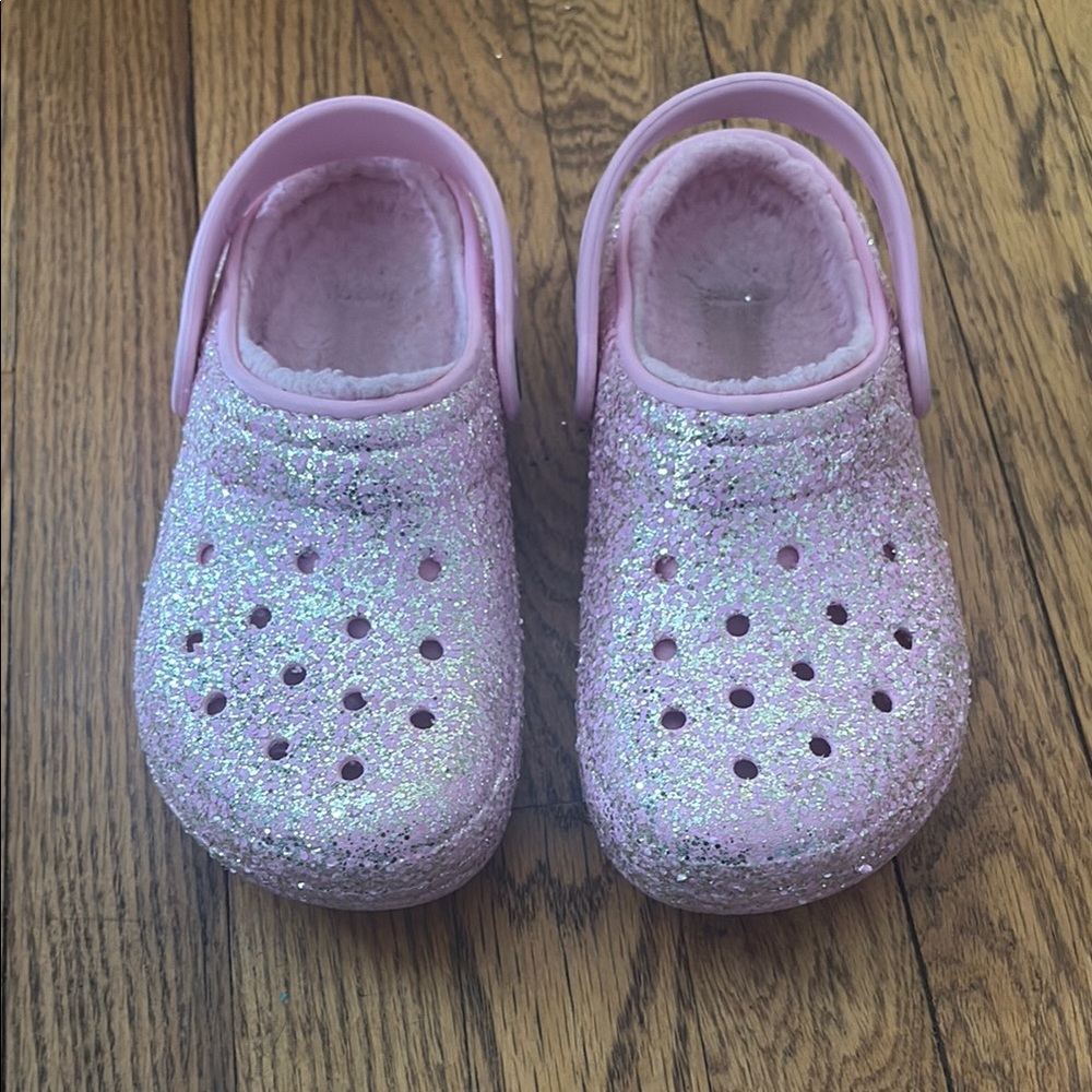 Sparkly Pink Fuzzy Kids Crocs